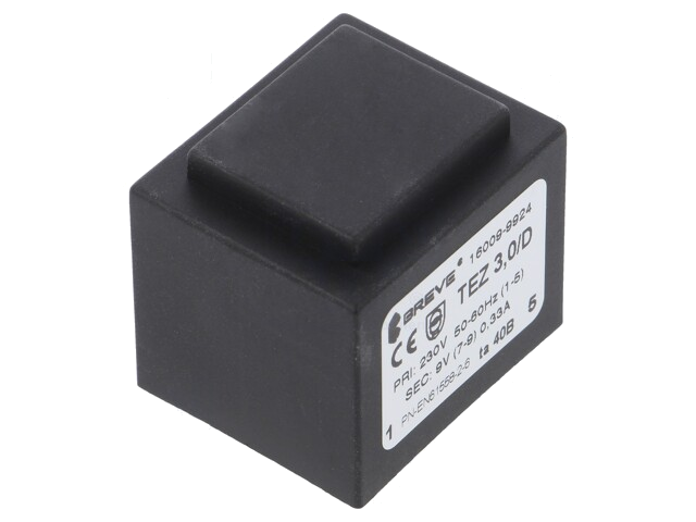 Transformator: ingegoten; 3VA; 230VAC; 9V; 333mA; PCB; IP00; A: 28mm Transformator: ingegoten; 3VA; 230VAC; 9V; 333mA; PCB; IP00; A: 28mm